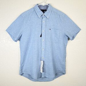 NWT Tommy Hilfiger Cotton Linen Button Down Shirt Mens MEDIUM Blue Short Sleeve